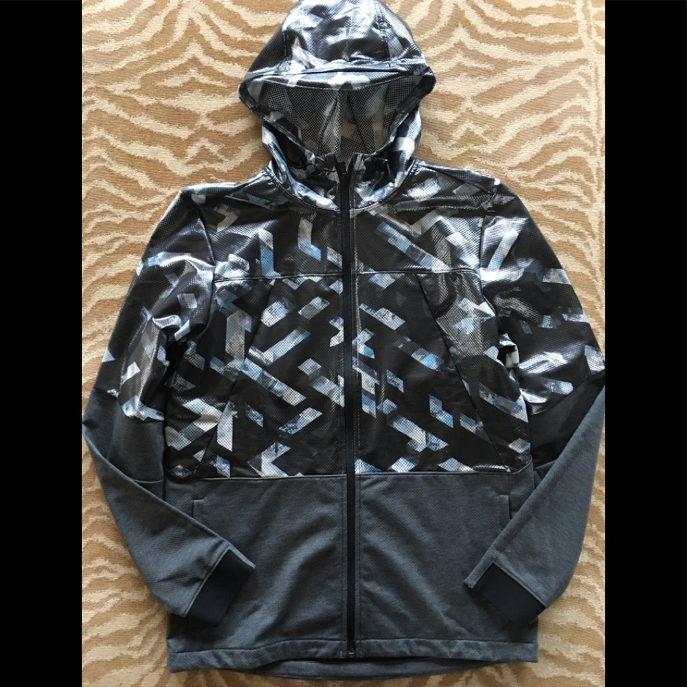 Men's Grey Hooded Active Jacket with Geometric Print